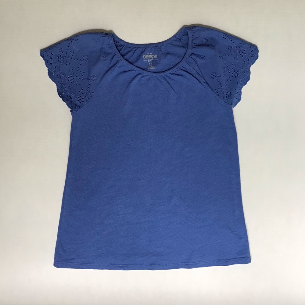 OshKosh B’Gosh Girls Size 12 Blue with Eyelet Lace Butterfly Sleeve Top